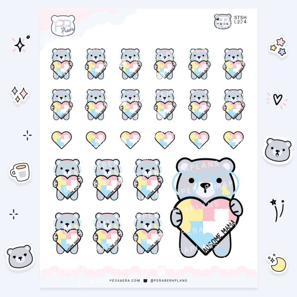 Cute Functional Autism Awareness Ausome Mama Bear Puzzle Heart Stickers