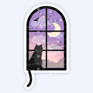 Die Cut: Single Large Stickers - Spooky Night Kitty Window Scene with Moon