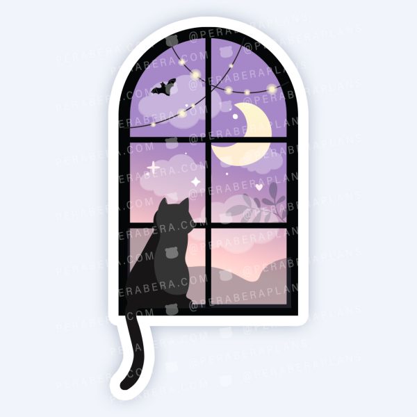 Die Cut: Single Large Stickers - Spooky Night Kitty Window Scene with Moon