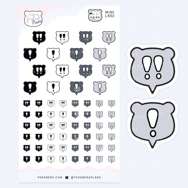 MINI Cute Bear Exclamation Mark Planner Stickers – Grayscale Functional Urgent Reminder Stickers for Planners & Journals