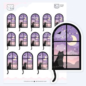 Spooky Night Kitty Window Scene with Moon – Spooky Halloween Deco Sheet