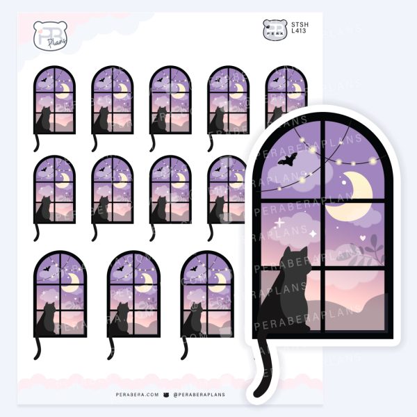 Spooky Night Kitty Window Scene with Moon – Spooky Halloween Deco Sheet