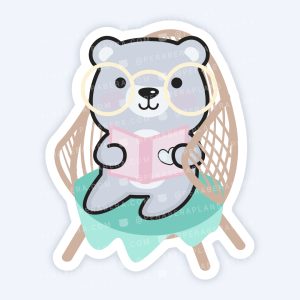 Die Cut: Single Large Stickers - Cute Sitting Reading Bear