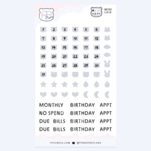 Mini Cute Bear Shape Date Stickers – Functional Work Study Monthly Numbers for Journals - Gray