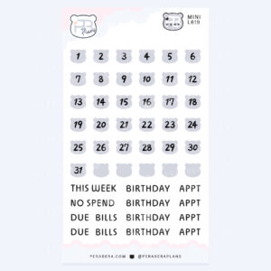 Mini Cute Bear Shape Date Stickers – Functional Work Study Weekly Numbers for Journals - Gray