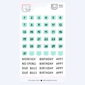 Mini Cute Bear Shape Date Stickers – Functional Work & Study Monthly Numbers for Journals - Green