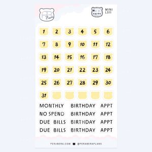 Mini Cute Bear Shape Date Stickers – Functional Work & Study Monthly Numbers for Journals - Yellow