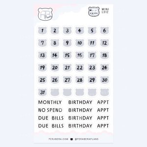Mini Cute Bear Shape Date Stickers – Functional Work & Study Monthly Numbers for Journals - Gray