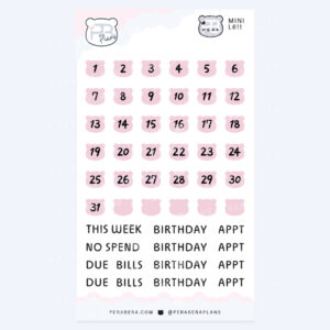 Mini Cute Bear Shape Date Stickers – Functional Work Study Weekly Numbers for Journals - Pink