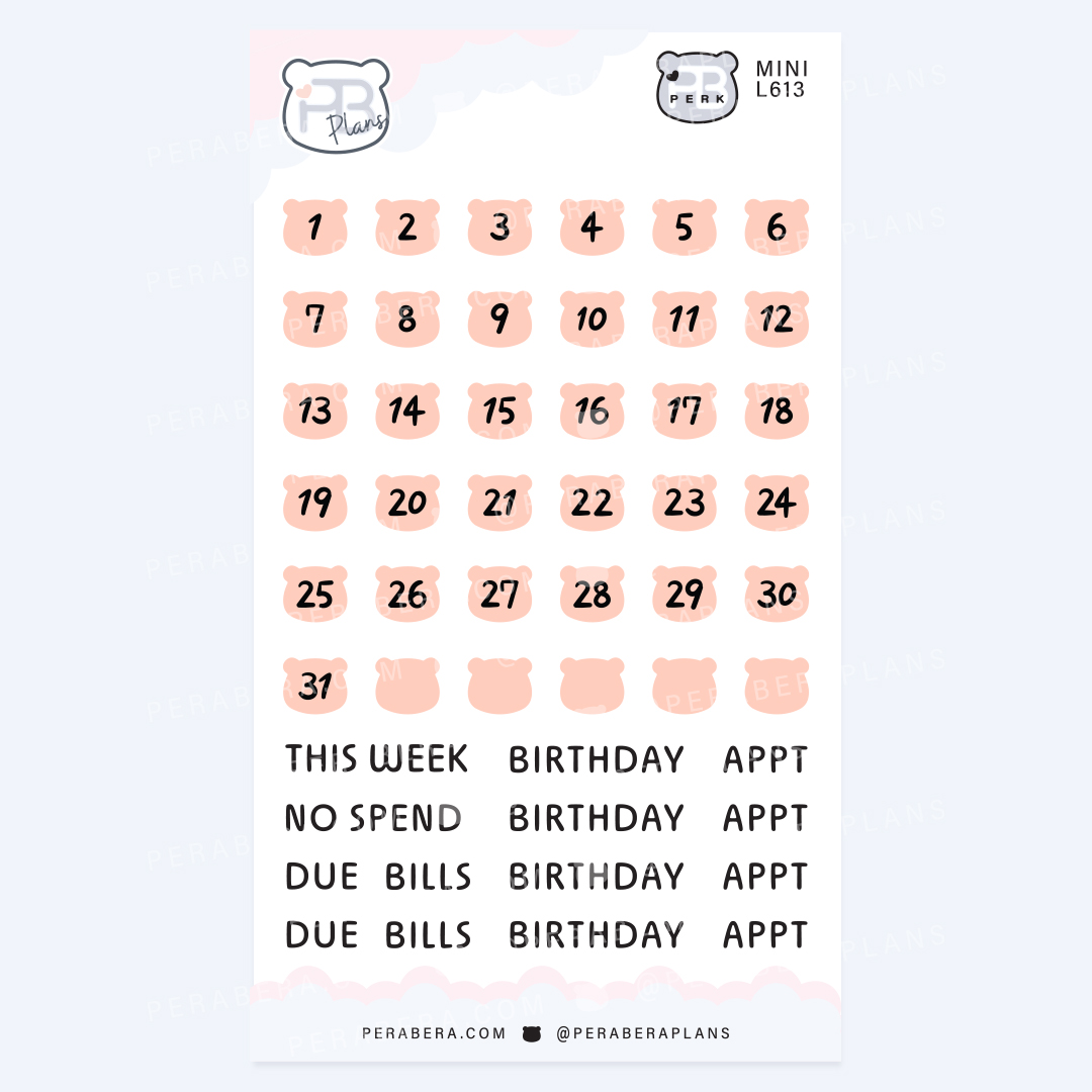 Mini Cute Bear Shape Date Stickers – Functional Work Study Weekly Numbers for Journals - Orange