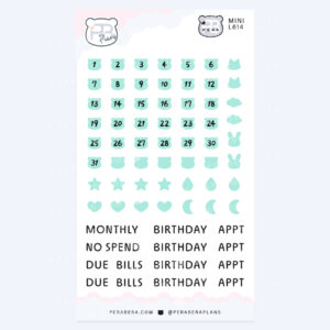 Mini Cute Bear Shape Date Stickers – Functional Work Study Monthly Numbers for Journals - Green