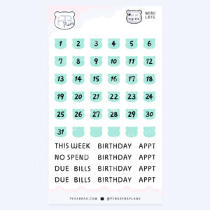 Mini Cute Bear Shape Date Stickers – Functional Work Study Weekly Numbers for Journals - Green