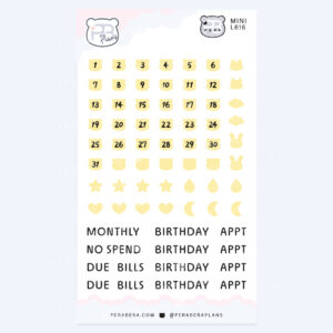 Mini Cute Bear Shape Date Stickers – Functional Work Study Monthly Numbers for Journals - Yellow